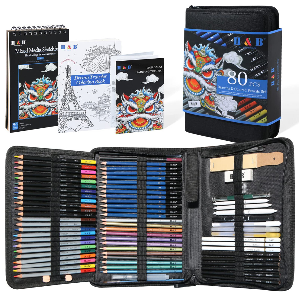 H & B 80Pcs Drawing Set Sketching Pencil Set, Professional Colouring Pencils With Col 10223222