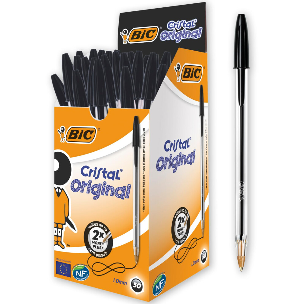 Bic Cristal Original Smudge Free Ballpoint Pens, Ideal For School, Black, Medium Poin