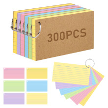 Flash Card, 300 Pcs Revision Cards Index Cards Ruled Flashcards Multicolor Kraft Paper Notecards Cue Cards with 6 Metal Binder Rings for Office Schoo