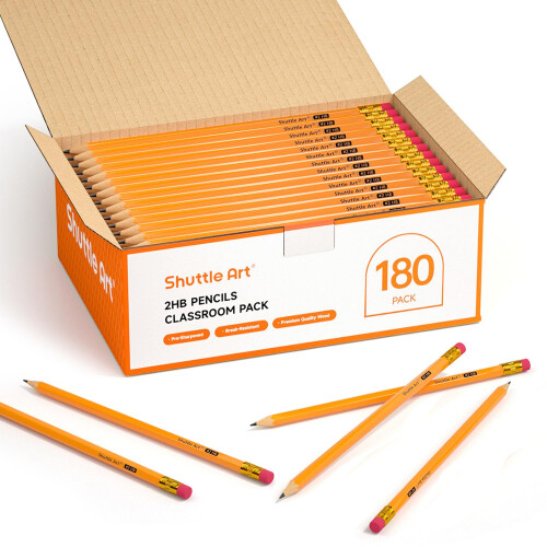 Shuttle Art #2 HB Pencils with Rubbers, 180 Pack Bulk, Sharpened for Kids & Teachers,