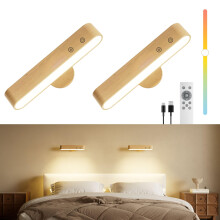 Rechargeable Wood Battery Wall Sconces Set of Two,LED Wall Lights for Bedroom with Remote Control and Touch,360 Magnetic Rotation,3 Colors Dimmable