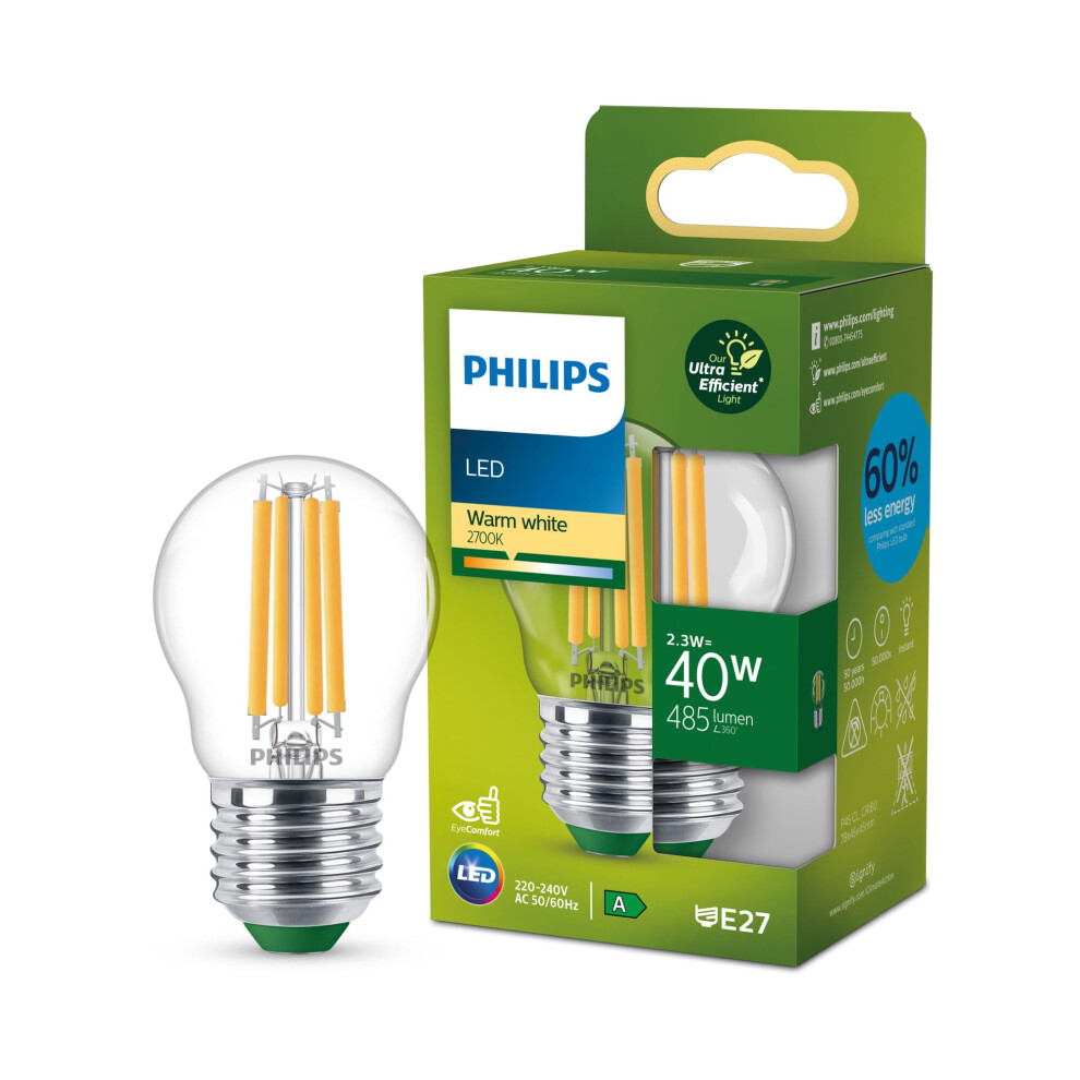 Philips Classic Ultra-Efficient Led Bulb With Energy Efficiency Class A, E27 Base, Replaces 40W, Clear, Warm Teardrop Shape White/Light