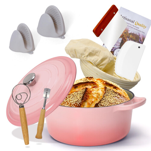 Enameled Cast Iron Dutch Oven with Proofing Basket NonStick Ovenproof
