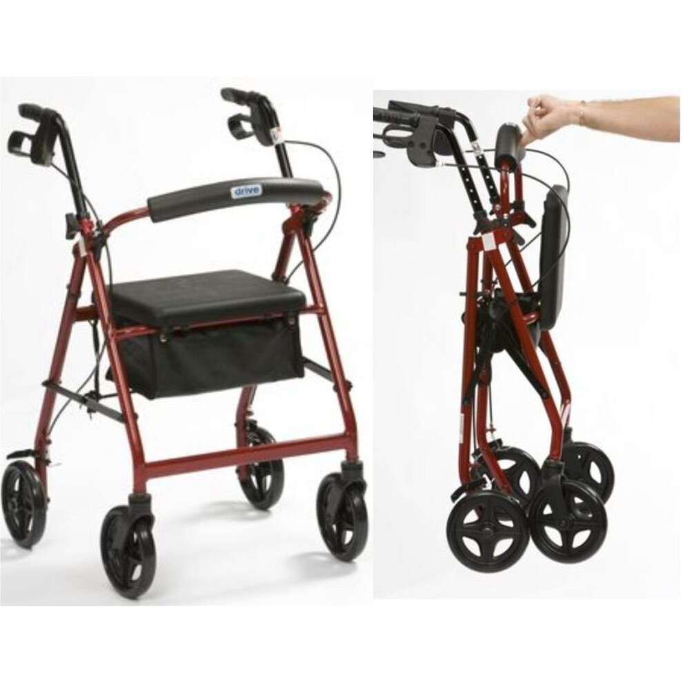 Drive Devilbiss Healthcare Drive Devilbiss R8 Red Aluminium Rollator With Padded Seat And Vinyl Underseat Bag
