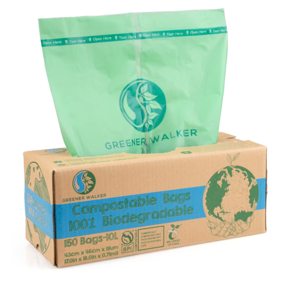 Greener Walker 10L-150Bags 100% Compostable Biodegradable Bin Liners 6L/10L/30L Food Waste Bags With En13432 Certificate Caddy Kitchen Bin Liners