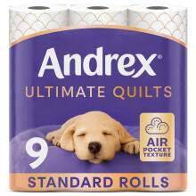 Andrex Ultimate Quilts Toilet Tissue 9 Standard Toilet Rolls, Air Pocket Technology for Soft, Thick Sheets (Previously Andrex Supreme Quilts Toilet P