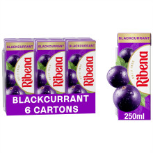 Ribena Blackcurrant Juice Drink Cartons - Multipack 6x250ml; Real Fruit; Rich In Vitamin C; No Artificial Colours or flavours ; Perfect For On The Go