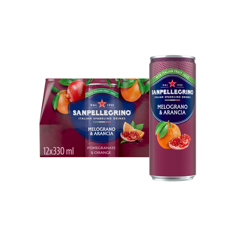 San Pellegrino Italian Sparkling Drinks Tastefully Sparkling Pomegranate & Canned Soft Drink 12 X 330Ml | 68 Kcals Per Can Light/Orange