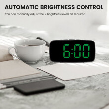Digital Alarm Clock Bedside,Green LED Travel USB Desk Clock with 12/24H Date Temperature Snooze for Bedroom,Black