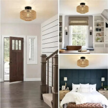 French Farmhouse Retro Chandelier-Handwoven Straw&Jute Shade with Wrought Iron Frame,Rustic Ceiling Lighting for Cafes