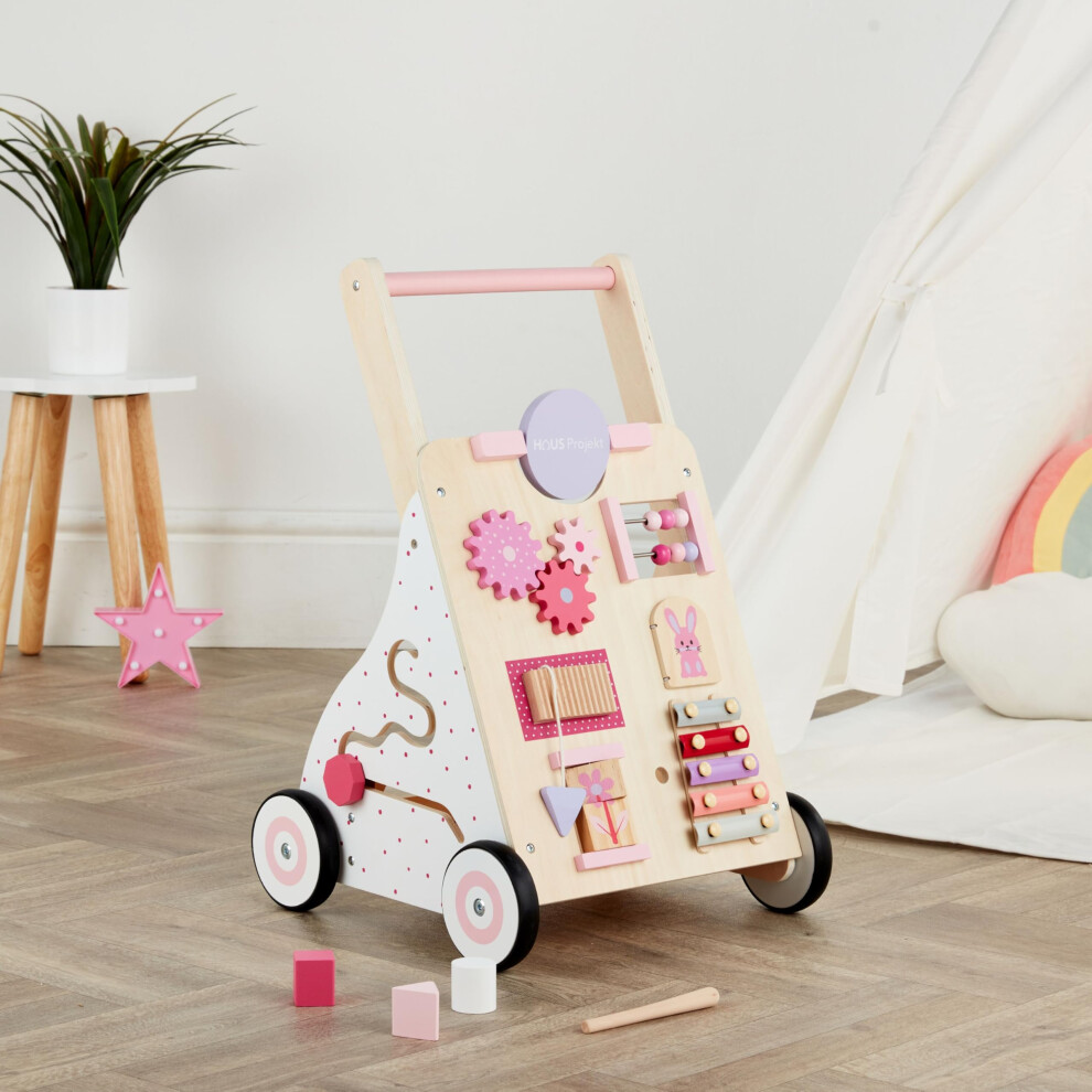 Wooden Baby Walker Push Along Baby Walkers For 1 Year Olds With Activity Centre, Interactive Baby Walker For Boys And Girls Gifts, Pink Haus Projekt