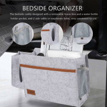 Bedside Organizer, Bed Storage Caddy with Tissue Box and Water Bottle Holder, Magazine Phone Tablet - Light Gray