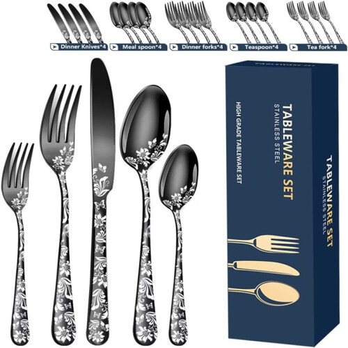 20-Piece Set, Stainless Steel Silverware Cutlery Set for 4, Unique Pattern Design, Includes Dinner Knives 1