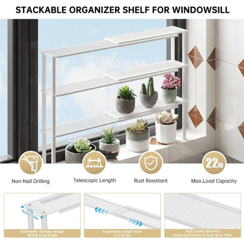 Expandable Window Shelf for Plants Kitchen Sink Organizer Stackable Narrow Shelves Kitchen Countertop Holder Mesh Design