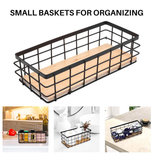 2Pack Metal Storage Basket with Wood Base,Decorative Baskets for Home Storage,Wire Basket for Organizing Small Tableware 2