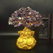 (Purple)Feng Shui Money Wealth Tree Yellow Citrine Amethyst Crystal Gem Spiritual Lucky