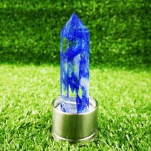 (Bule Melting Stone+Base) Crystal Elixir Quartz Water Bottle Natural Obelisk Point Wand Healing Reiki Rock
