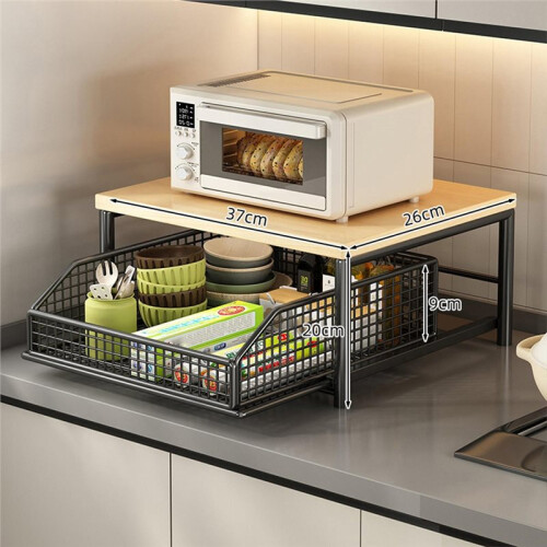 Kitchen Microwave Rack Storage Rack - Sturdy Solid Wood and Metal Structure, Space-Saving Countertop Storage Rack 2