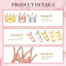 166 Pcs Crown Decor for Flower Bouquet with 6 Crown Cake Topper 100 Corsage Pins 60 Butterflies Multicolor