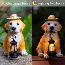 Hundestatuen für Den Garten - Bezaubernde Hundefiguren Aus Kunstharz mit Strohhut und Solar-LED-Laterne, Welpen-Dekoration, Solarleuchte für Den