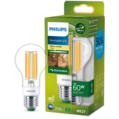 Philips LED E27 Normal 4W (60W) Clear Dimmable 840lm 2700K Energy class A