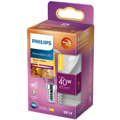 Philips LED E14 Globe 3,4W (40W) Klar Dim WarmGlow 470