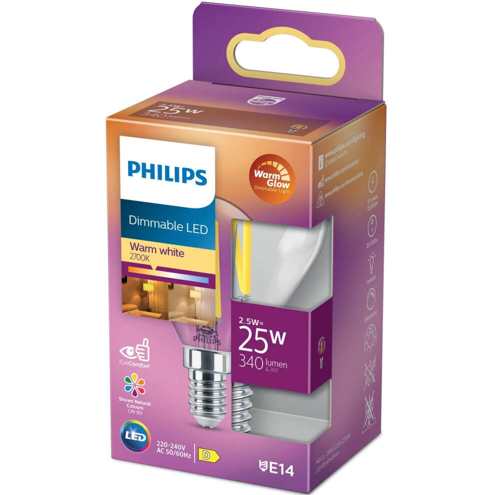 Philips Led E14 Globe 2.5W (25W) Clear Dim Warmglow 340 Lm