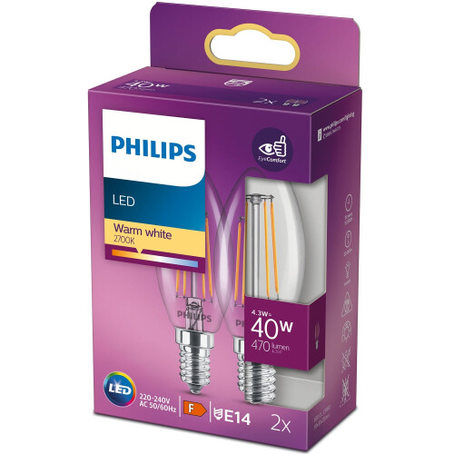 Philips 2-pack LED E14 Crown 4.3W (40W) Clear 470lm