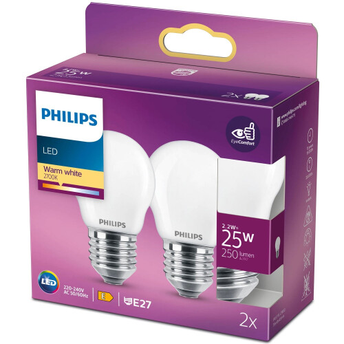 Philips 2-pack LED E27 P45 Globe 25W Frost 250lm