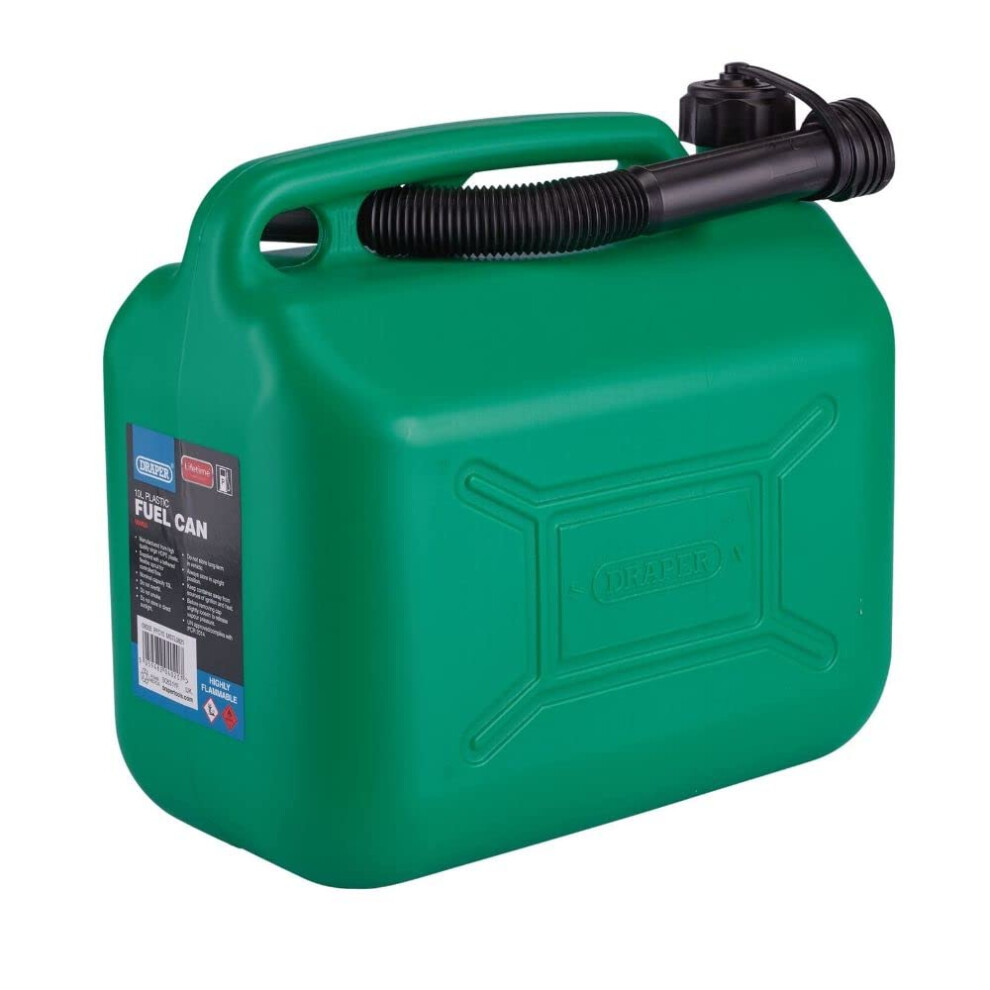 Draper 10L Plastic Petrol Can | Jerry Fuel Diesel Can | 10000Cc Water Container | 20Mm Flexible Spout Diameter | 290Mm Spout Length | 09055, Green