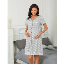 Uniexcosm Maternity Nursing Nightdress, Women's Short Sleeve Nightwear Soft Button Down Nightgown Stripe Sleepwear Maternity Pyjamas Nightshirt Light