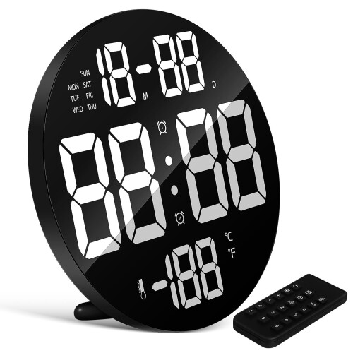 2Pcs LED Digital Wall Clock Black with Alarm Calendar Remote Control
