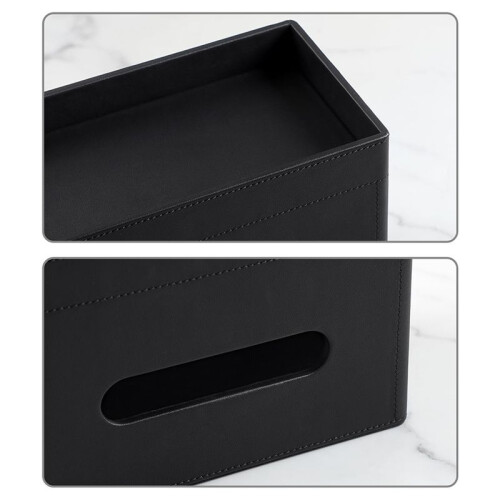 Size Tissue Box Cover Rectangle, PU Leather Tissue Box Holder with Storage Tray, Organizer Tissue Holder Black 2