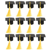 60Pcs Mini Graduation Cap Cake Decor Yellow Paper Polyester Picks