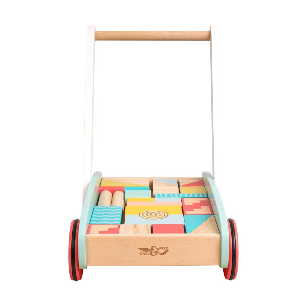 Wooden Baby Walker With 29 Assorted Colourful Blocks, Traditional Push Along Early Development & Activity Toy, Sustainably Sourced, For Ages Owl & Fox