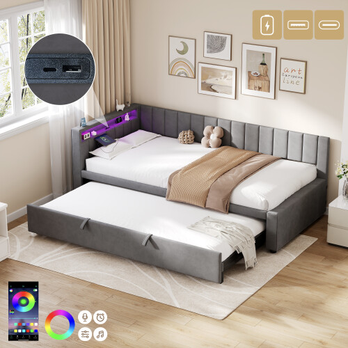 3ft Single Velvet Daybed with Pull-out Trundle Velvet Upholstered Sofa Bed 1