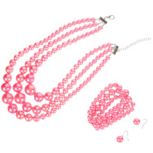 4Sets Perlen-Schmuckset Damen Halskette Ohrringe Armband Pink Metall