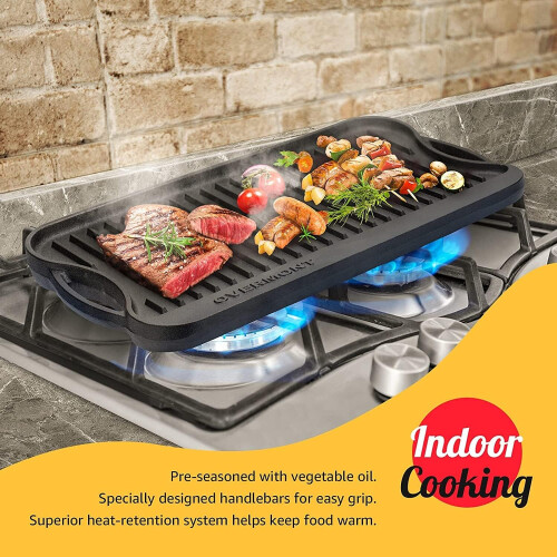 OVERMONT Pre-Seasoned Cast Iron Reversible Griddle Grill Pan with 1