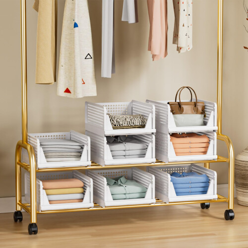 TidyIsles 8 Pack Plastic Folding Closet Stackable Storage Basket Closet Storage White | Folding Stackable Storage Boxes 1