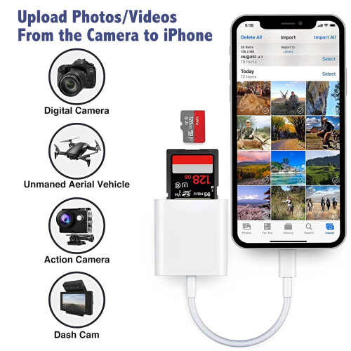 SD Card Reader for iPhone iPad, 2 in 1 Memory Card Reader Adapter, Mic 1