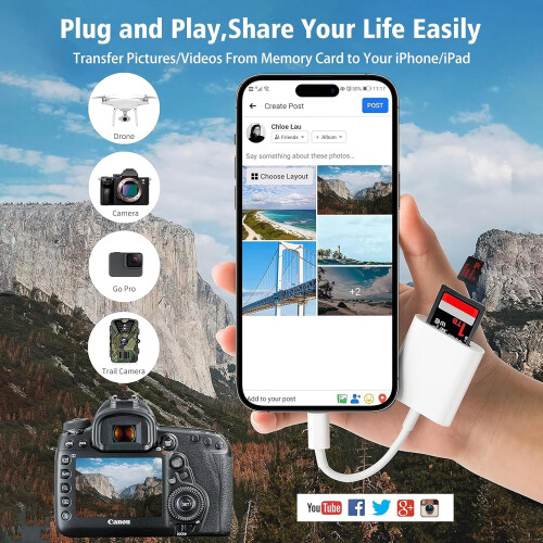 SD Card Reader for iPhone iPad, 2-in-1 Memory Card Reader Lightning to 2