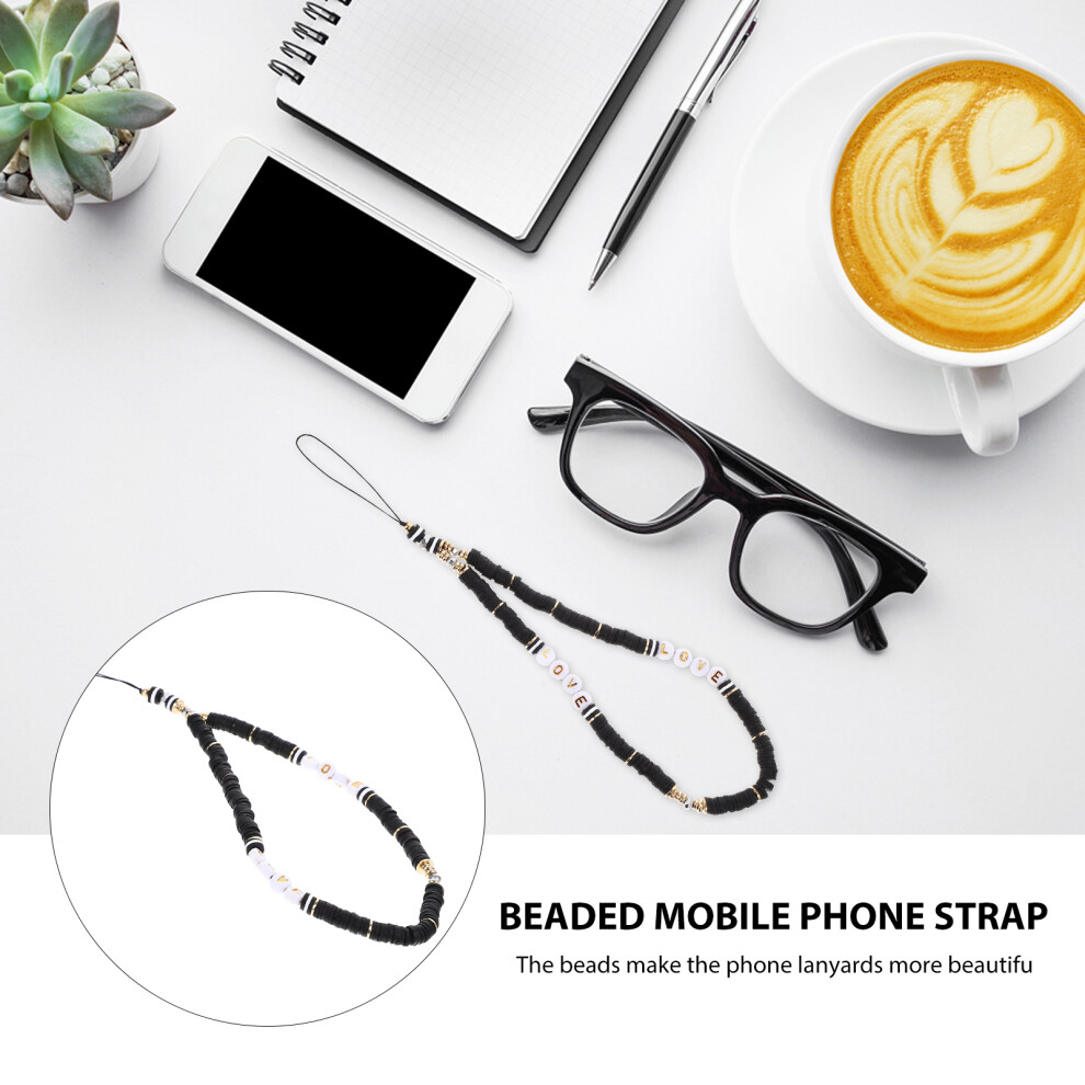 3Pcs Mobile Phone Charm Strap Soft Clay Beaded Phone Wrist Strap Black 3643663729757