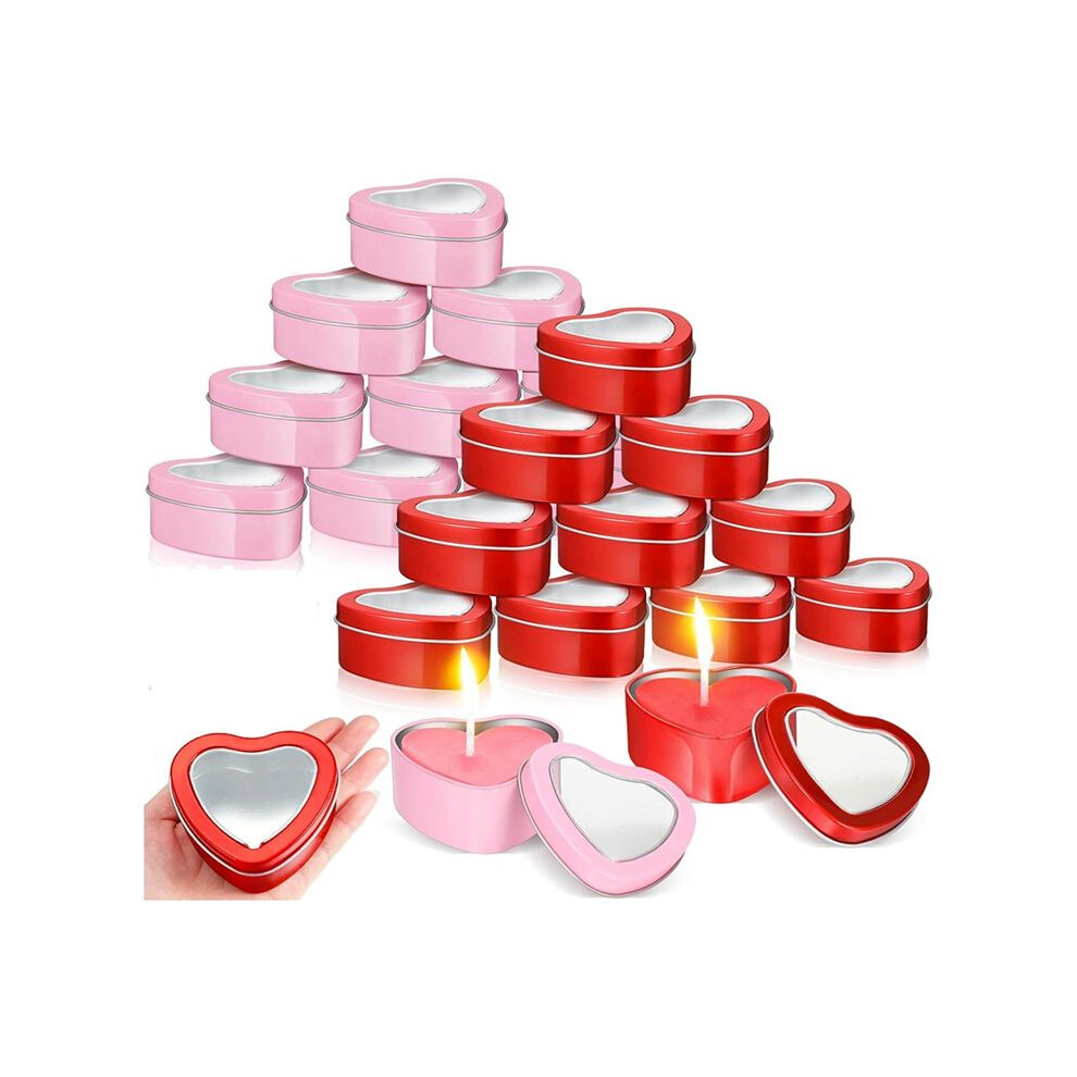 Semoic 24Pcs 4Oz Heart Shaped Metal Tins, Empty Tea Light Mold Heart Shaped Box With Clear Window Lids Tin Candle Containers