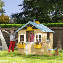 Outsunny Wooden Kids Playhouse w/ Door, Windows, Bench, For 3-7 Years Blue