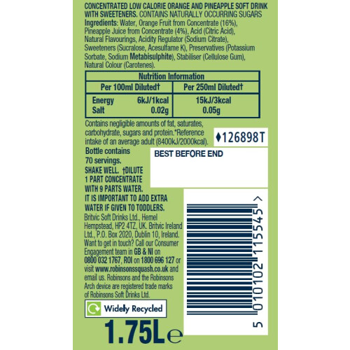 Robinsons Double Strength Orange  Pineapple No Added Sugar Fruit Squash 175 1