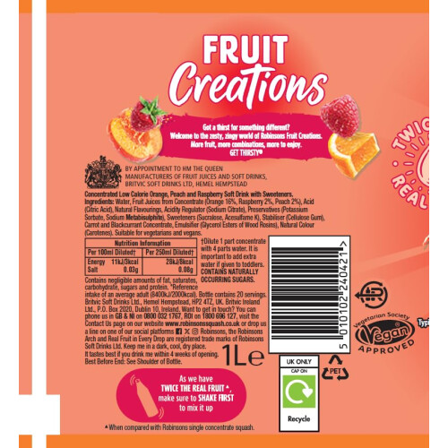 Robinsons Fruit Creations Real Fruit Squash Low Calorie Delicious Peach and 1