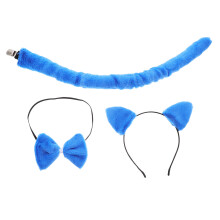 3Sets Blue Cat Ears Tail Bow Tie Set Plush Halloween Costume