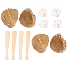 16Sets Mini Baseball Bat Glove Khaki Wood Dollhouse Sports Set
