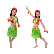 10Pcs Green Hawaiian Grass Skirt with Flower Bracelet Headband Set