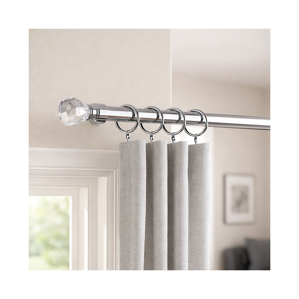 Bedlooms (160-300Cm (5.2-9.8Ft), Chrome) Extendable Crystal Curtain Pole Set With Sparkling Finials - Complete Kit With Brackets, Rings & Fittings